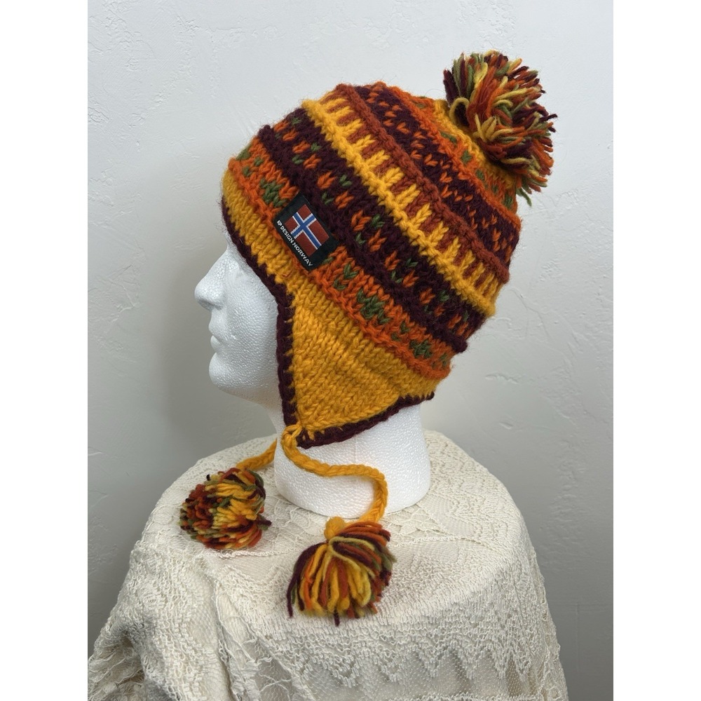 Wool Nordic Winter Hat KD Design Norway Ski Snow Tassels Fair Isle Orange Yellow